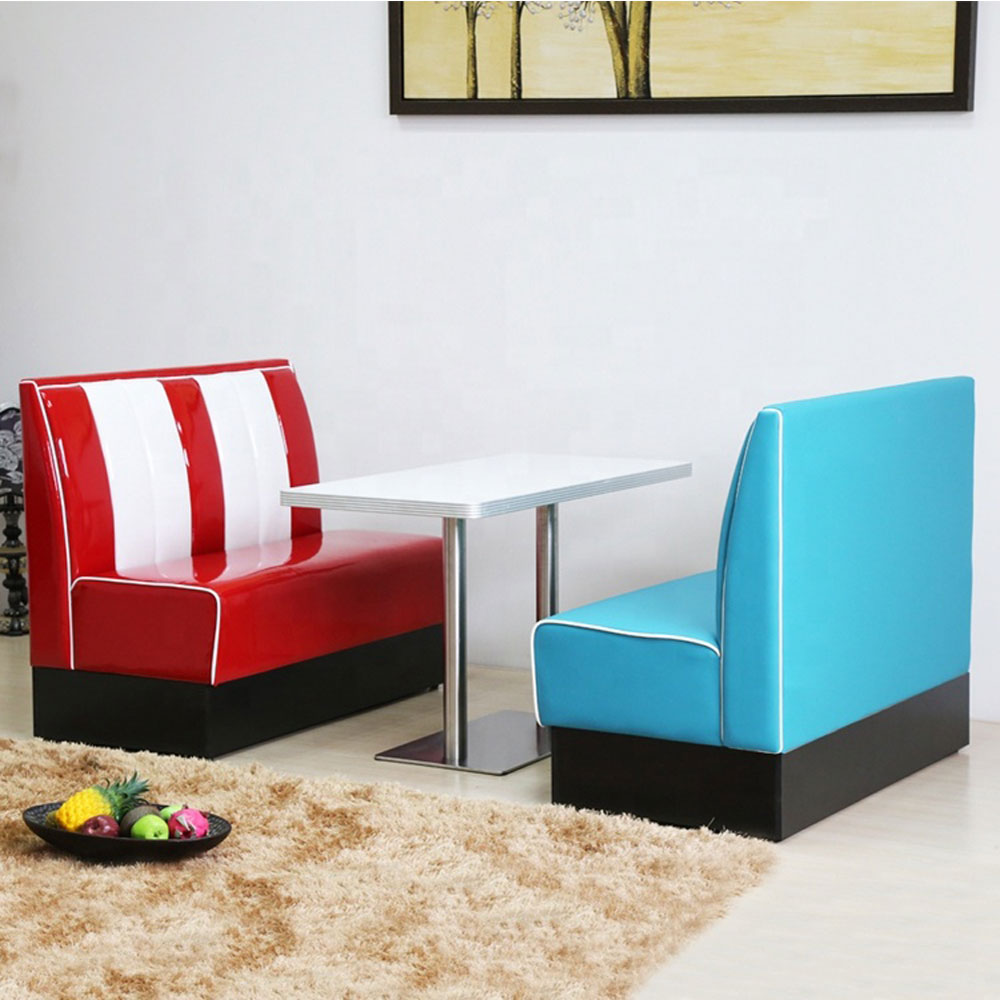 1950s retro diner table and booths R-8113,red or turquoise stripe back 1950's style american diner table and booth couches set, customize red/turquoise leather 50's diner booth couches and table set M-8113