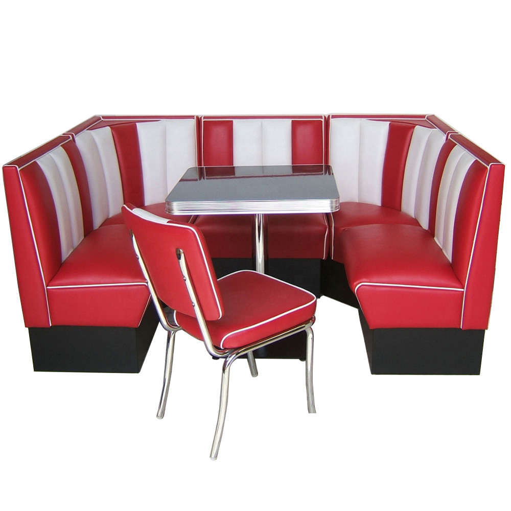 1950s retro diner table and booths R-8124,Customize rubby leather 4 set corner 50s retro diner booth seating sofas and black dinette table set furniture