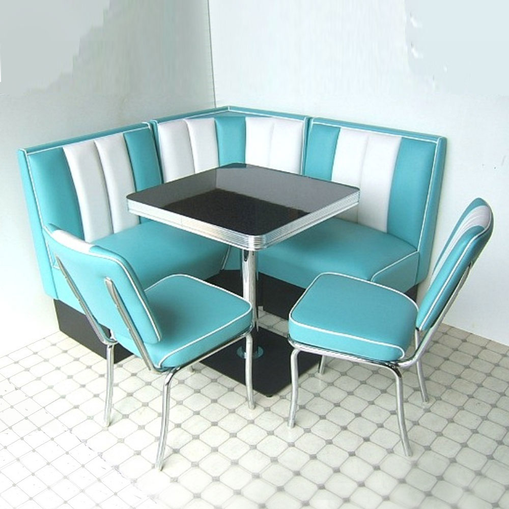 1950s retro diner table and booths R-8125,Wholesale turquoise 4 set L shape midcentury american diner booth seating and black kitchen table furniture set