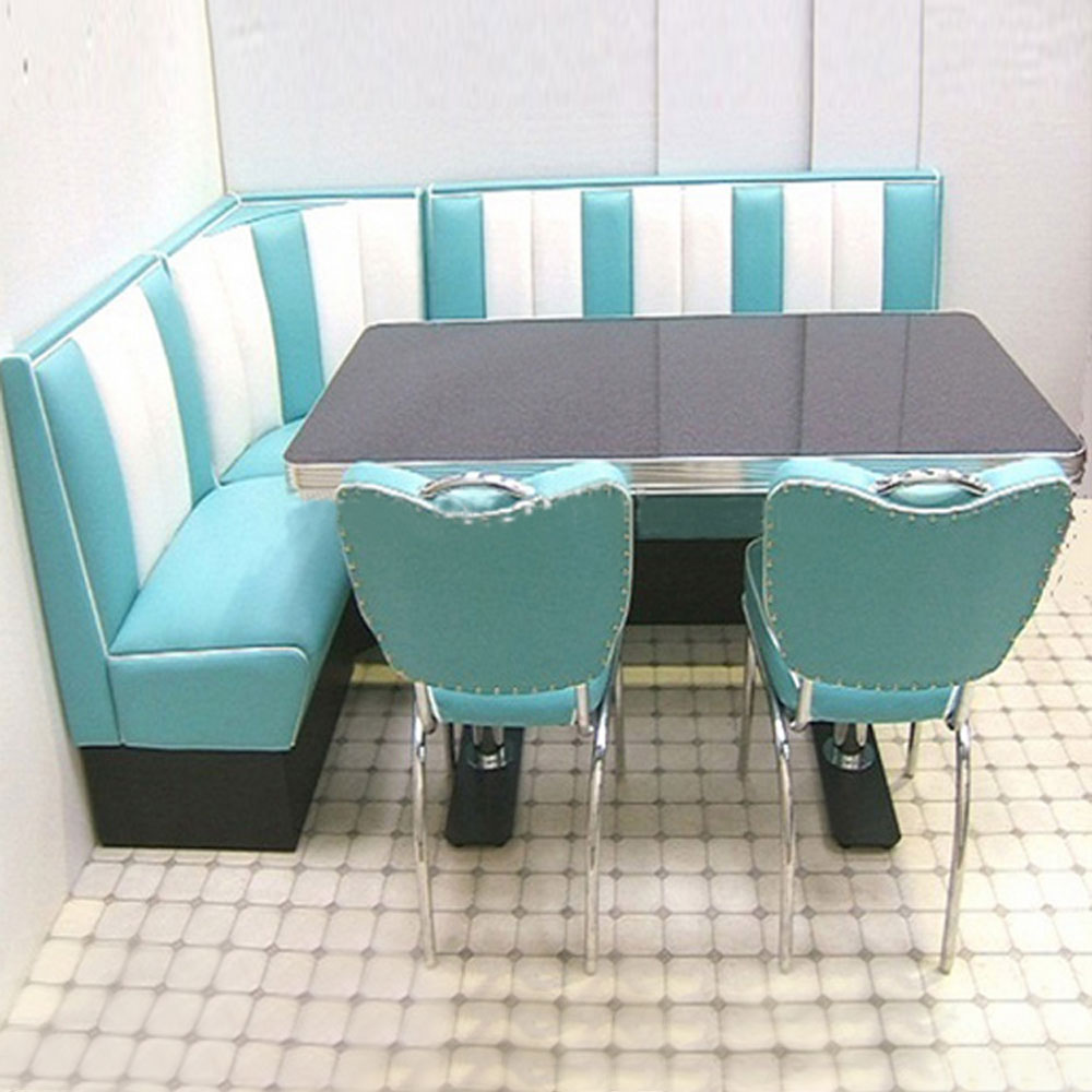 1950s retro diner table and booths R-8126,Durable restaurant turquoise and white L shape fifties retro diner Bel Air booth sofas and diner table set furniture