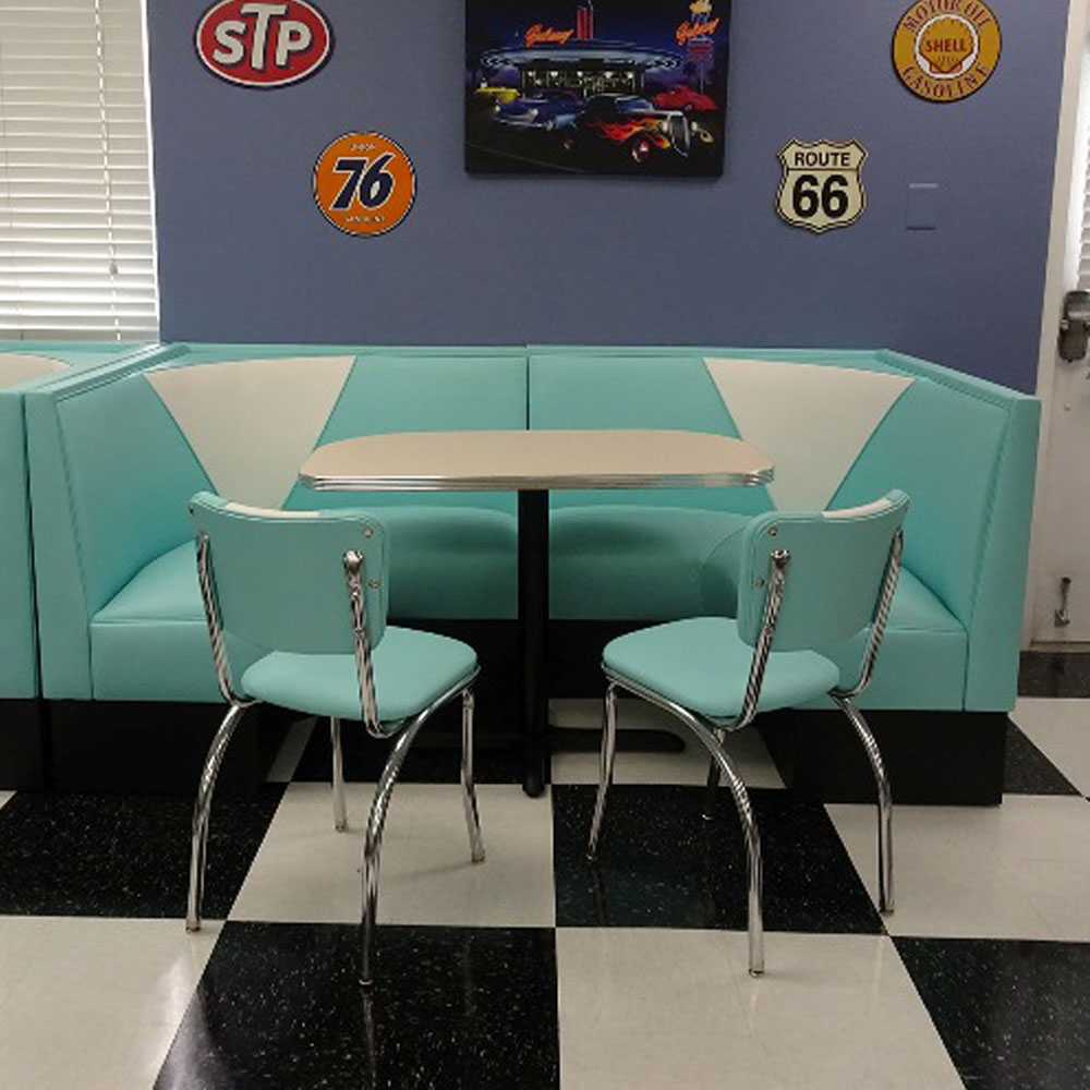 1950s retro diner table and booths R-8129,High quality turquoise U shape V back 1960s american diner booth seating furniture set with diner table, chrome diner chair set
