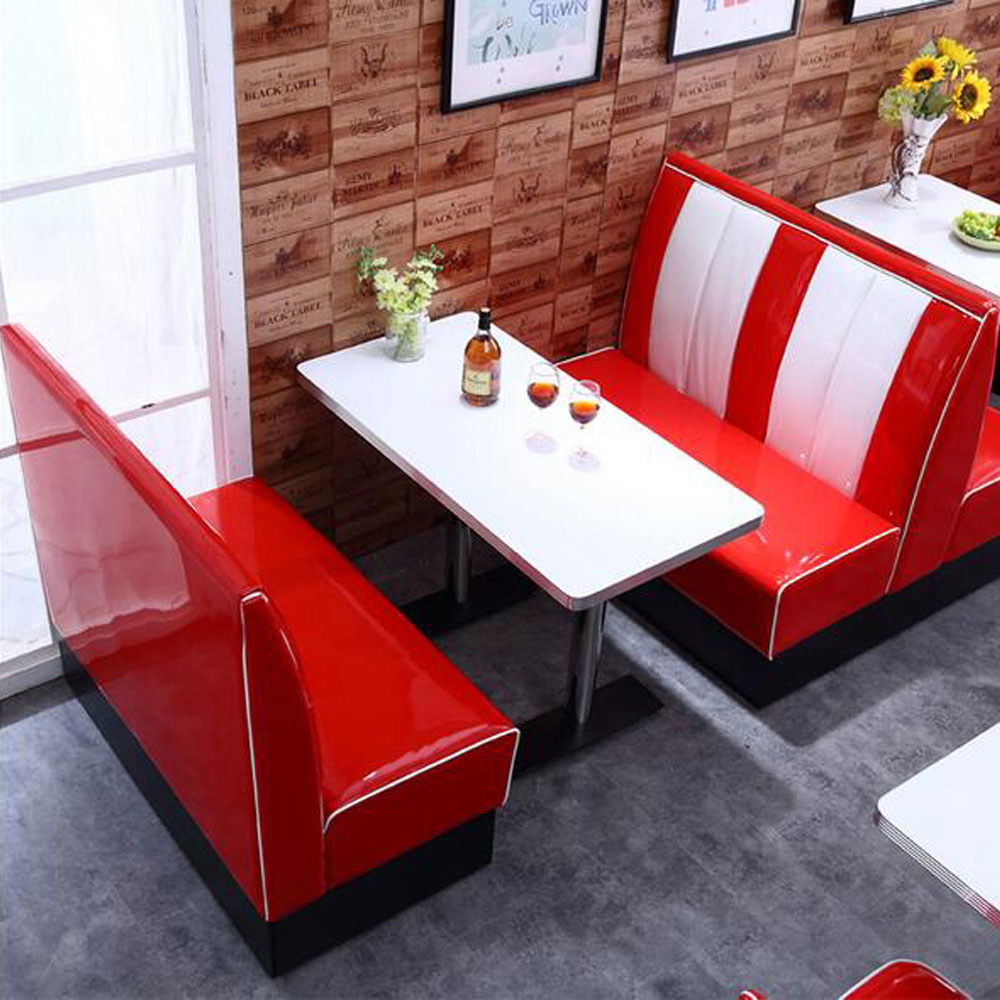 1950s retro diner table and booths R-8130,Red and white stripe midcentury retro american restaurant Bel Air booth couch set furniture with retro diner table