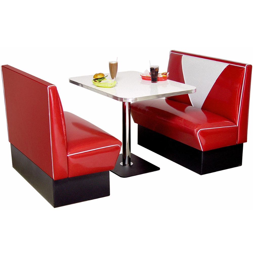 1950s retro diner table and booths R-8141,Classic high gloss red V back with piping dining room 1950s style diner booths couch and retro diner table set furniture