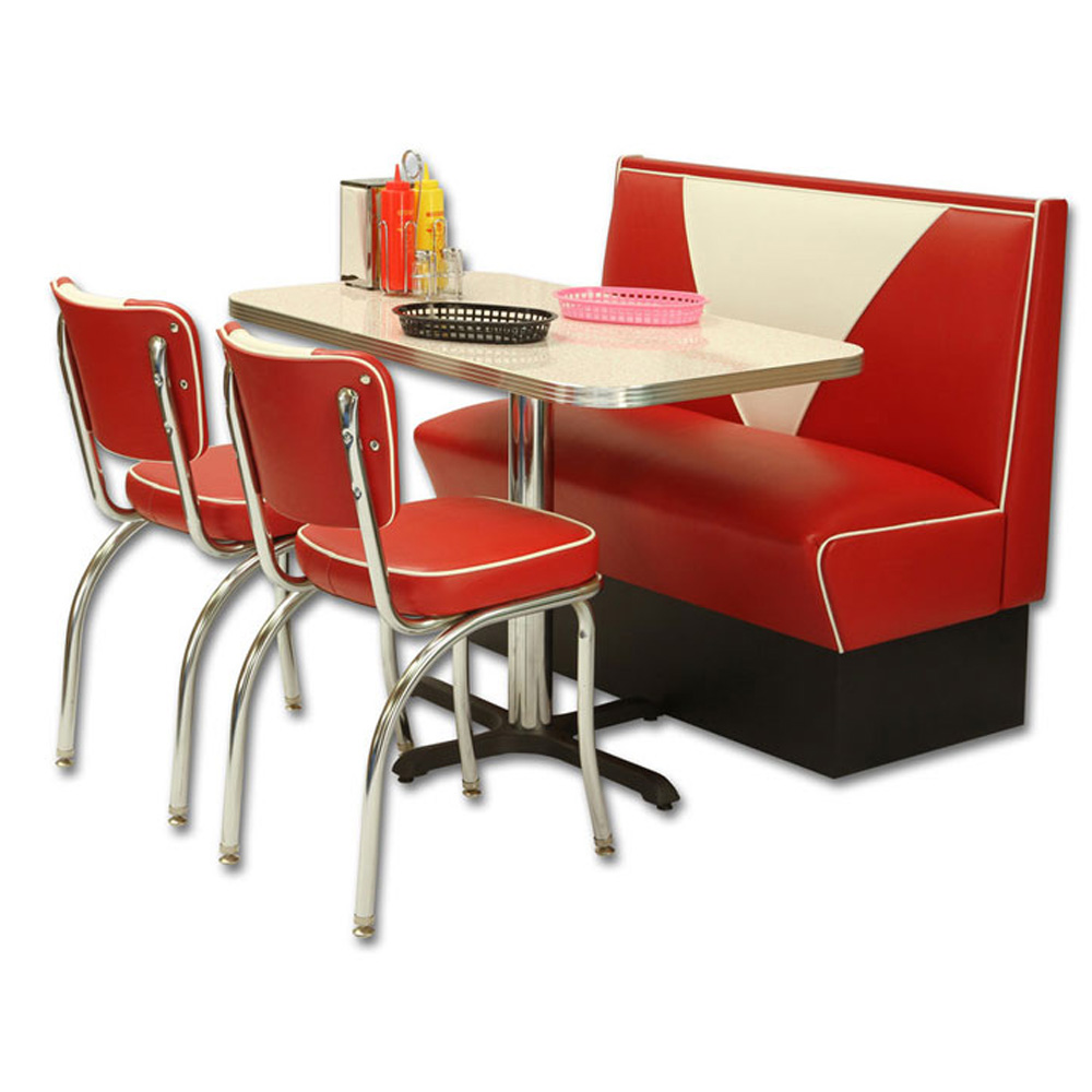 1950s retro diner table and booths R-8142,High quality red and white V back leather midcentury american 1950s diner booth sofas with chrome diner chairs table set furniture