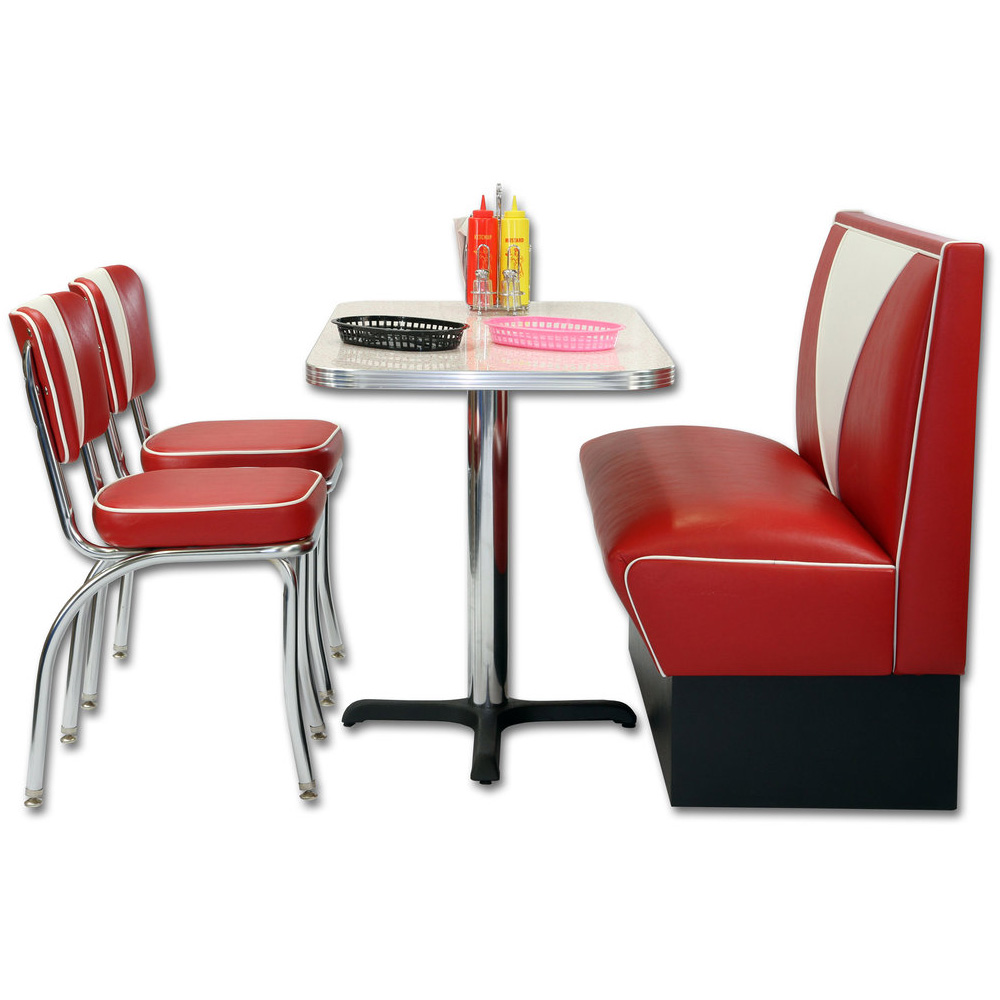 High quality red and white V back leather midcentury american 1950s diner booth sofas with chrome diner chairs table set furniture, American 1950s retro diner table and booth seating set furniture R-8142