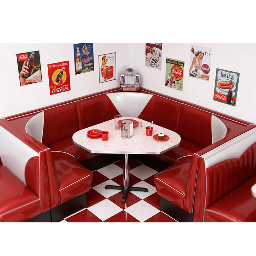 1950s retro diner table and booths R-8148,wholesale PVC leather V-back with piping 3/4 U shape restaurant 1950s diner booth seating with table set furniture