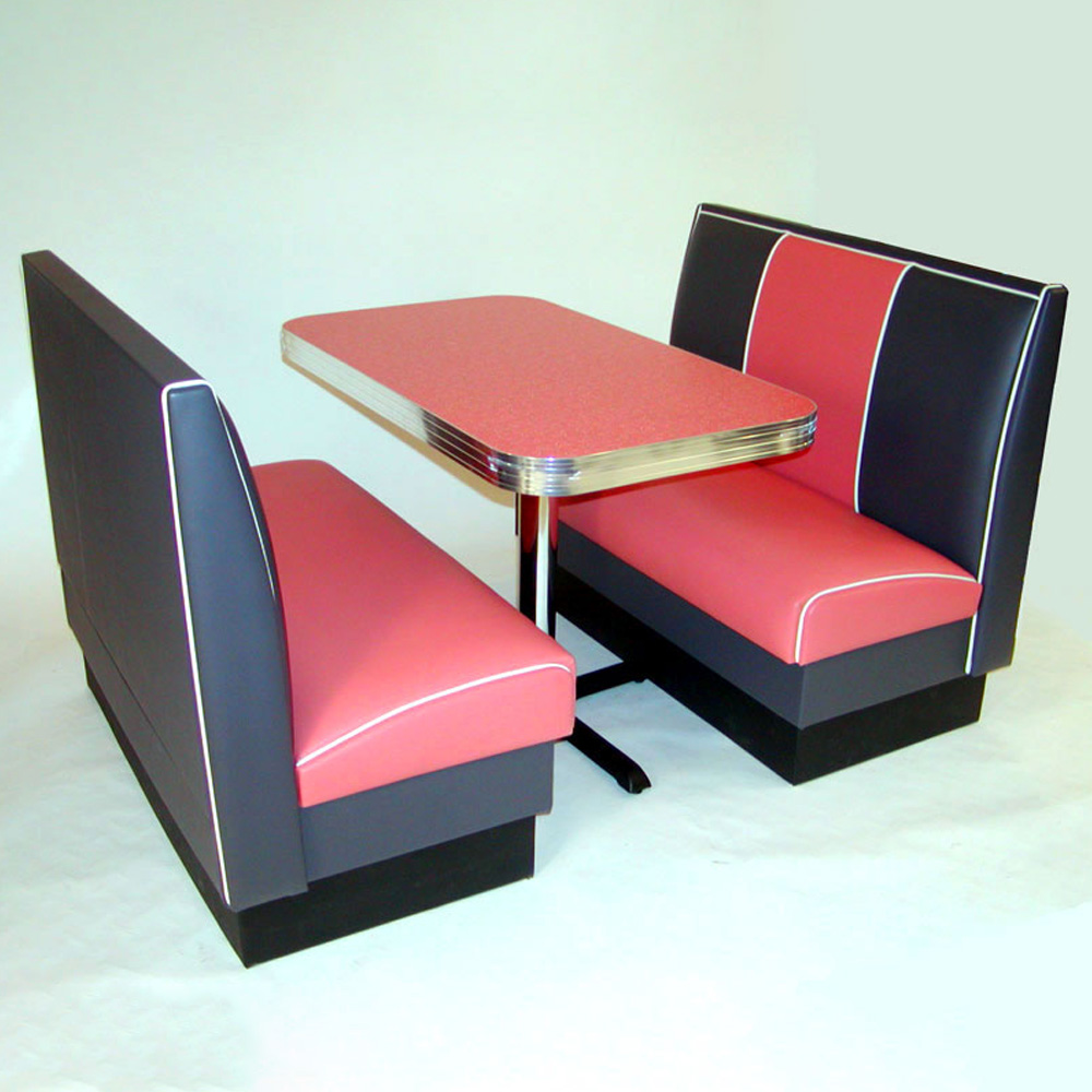 1950s retro diner table and booths R-8165,Classic black and red color stripe leather dinette 1960's american diner booth seating with red formican diner table set furniture