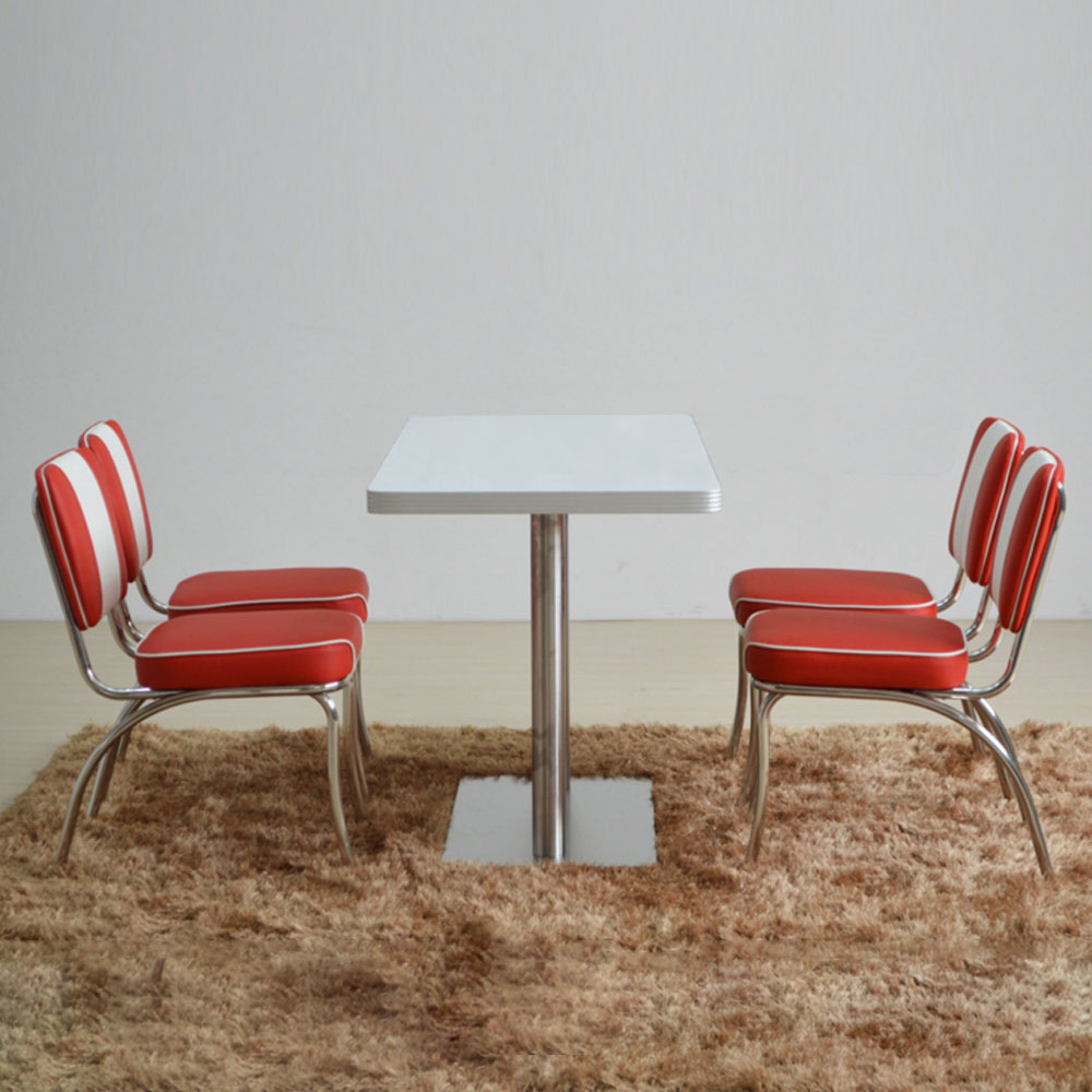 Classic 4 set red smooth with piping dinette chrome midcentury 1950's retro chairs with formica white diner table set furniture, American 1950s retro diner table and chairs set furniture R-8991