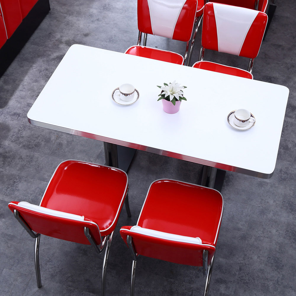 Wholesale high gloss red and white V back cafeteria 50s retro diner chair with formica steel diner chairs set furniture, American 1950s retro diner table and chairs set furniture R-8992
