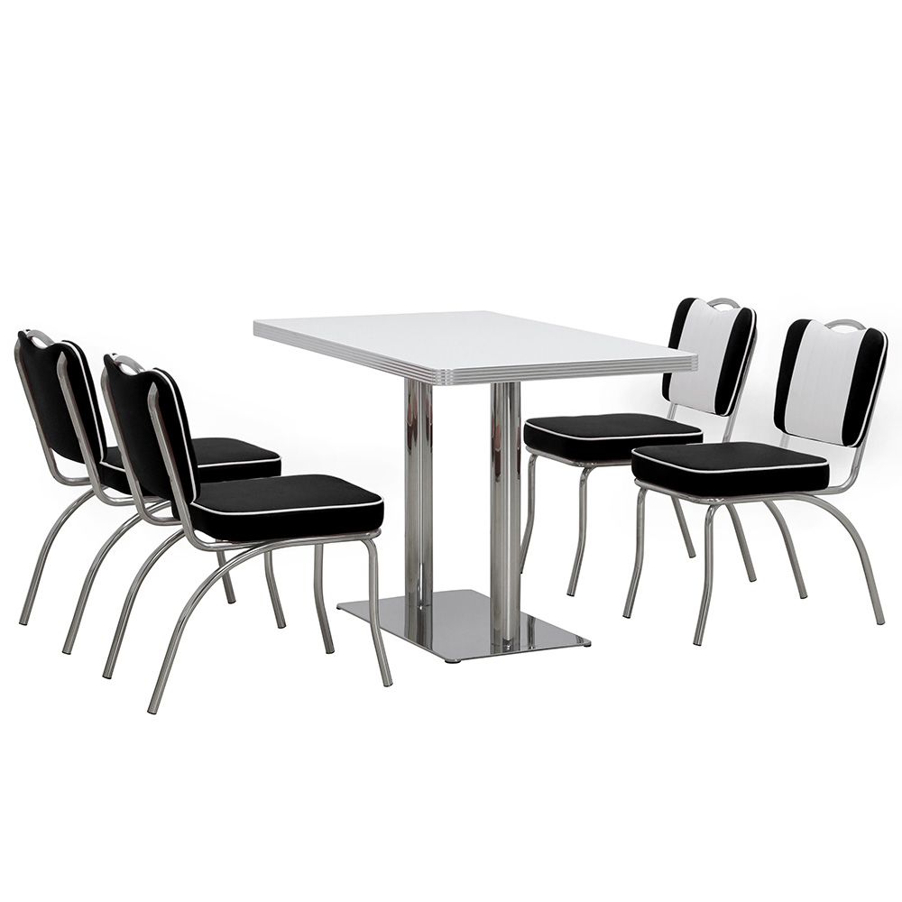 Black and white leather restaurant steel retro 50s dining chairs, stainless steel frame with handle back black leather 50s retro dining chairs, American 1950s style retro diner chair furniture M-8365