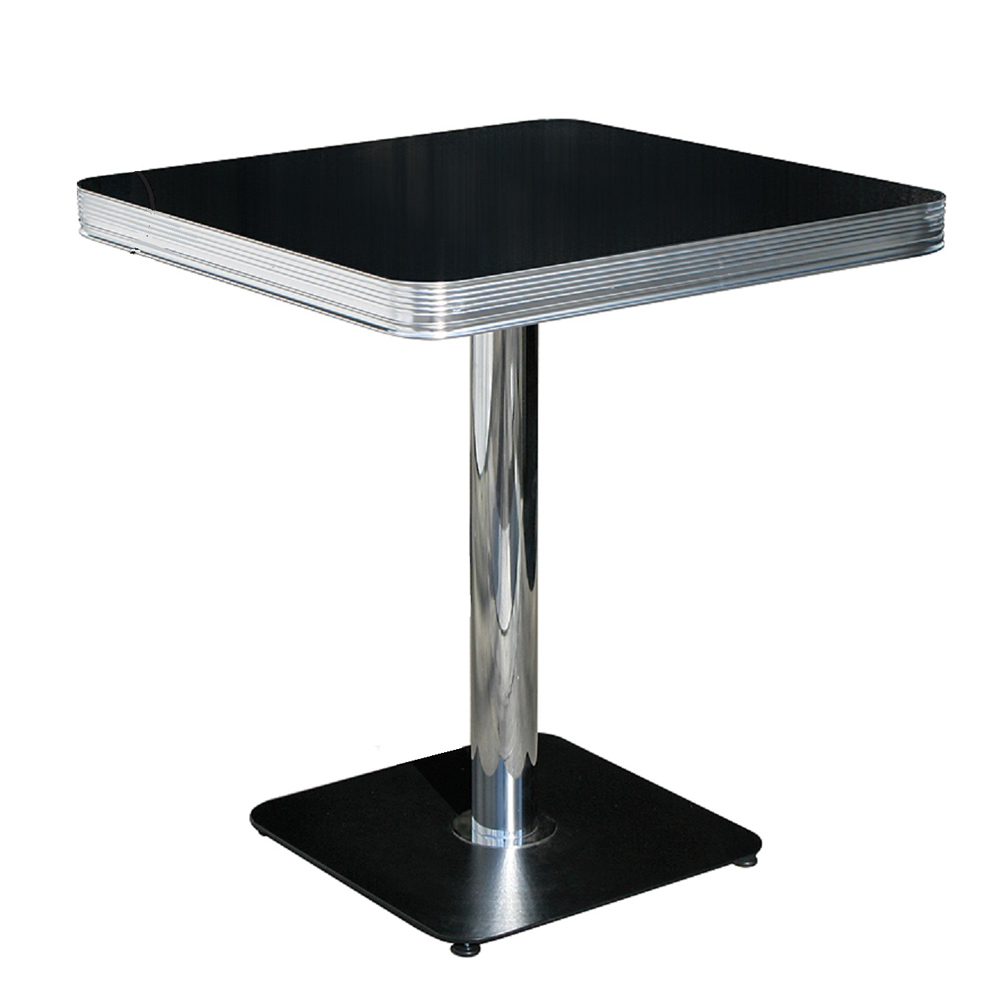 American 1950s retro diner table R-8210,Glossy Formica black color table top with steel table edge and square black iron legs retro 50s cafeteria table