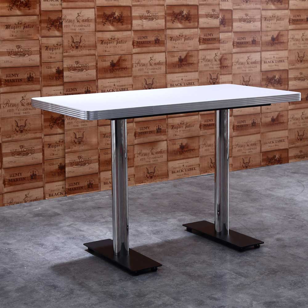 American 1950s retro diner table R-8219,white color formican veneer 4 seater rectangle table top with 2 iron long stripe black table legs midcentury american diner table