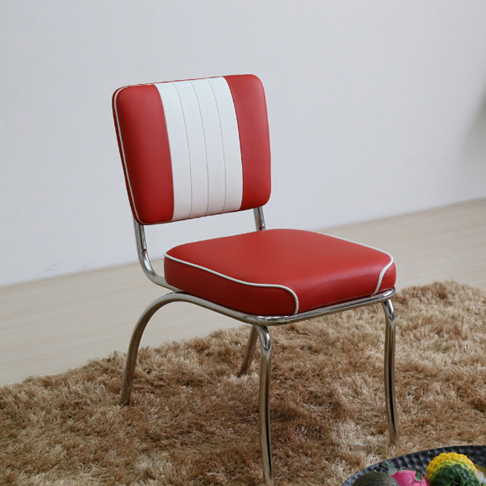 High quality red and white PU leather 1950s style american chrome diner chairs, smooth with piping steel/chrome 50s retro diner chair,American 1950s style retro diner chairs furniture M-8307