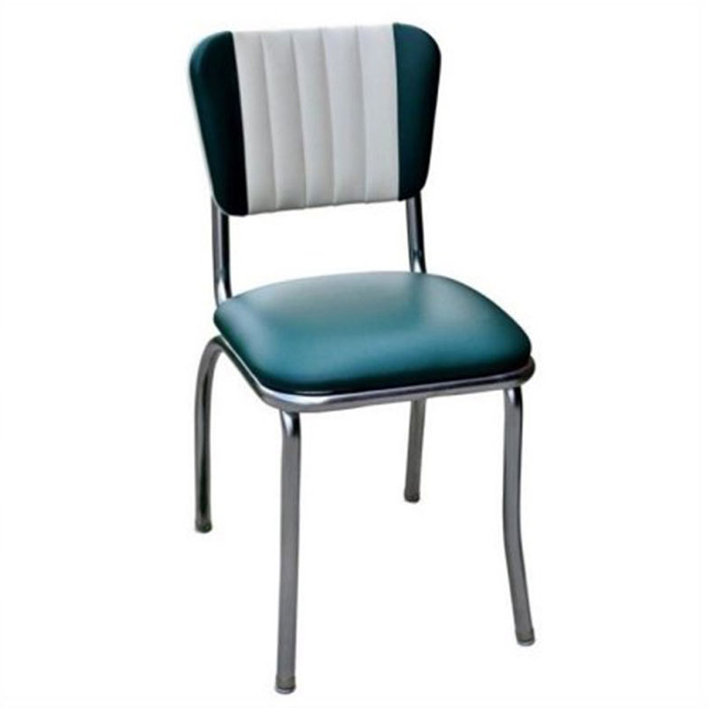 american 1950s retro diner chairs R-8315,High quality thin and smooth seat steel retro dinette chairs, stripe white back and drake blue PU leather steel 50's retro dintte chairs