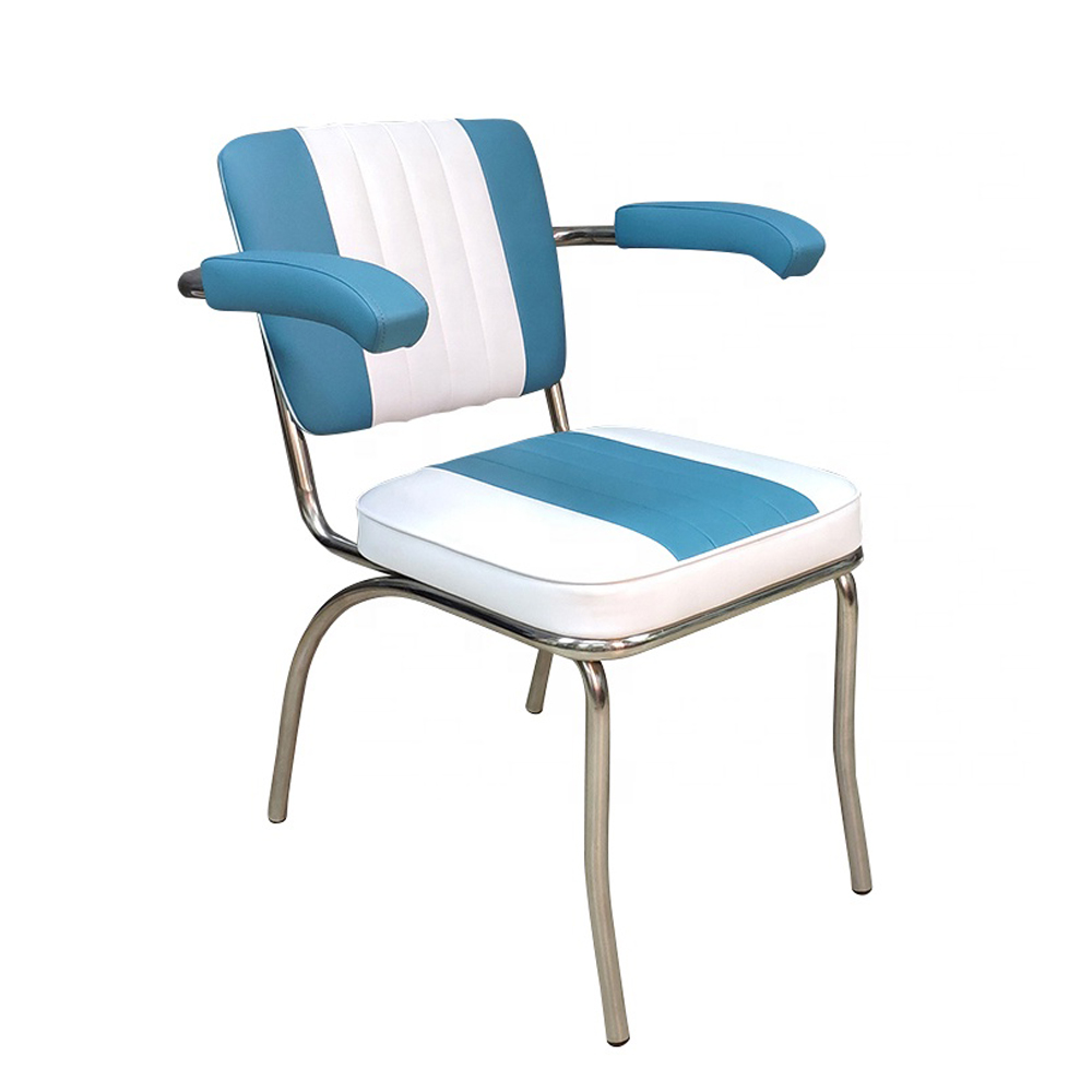 american 1950s retro diner chairs R-8324,Wholesale turquoise PU leather with armrest chrome retro diner chairs, stripe back and seat 1950's armrest chrome diner chairs for sale
