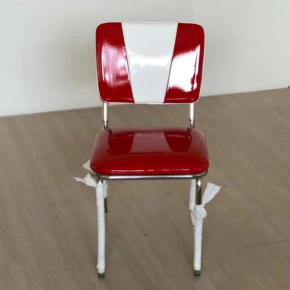 Glossy ruby color vinyl V shape back retro diner chairs, high quality thin seat glossy ruby leather retro 1950s diner chairs