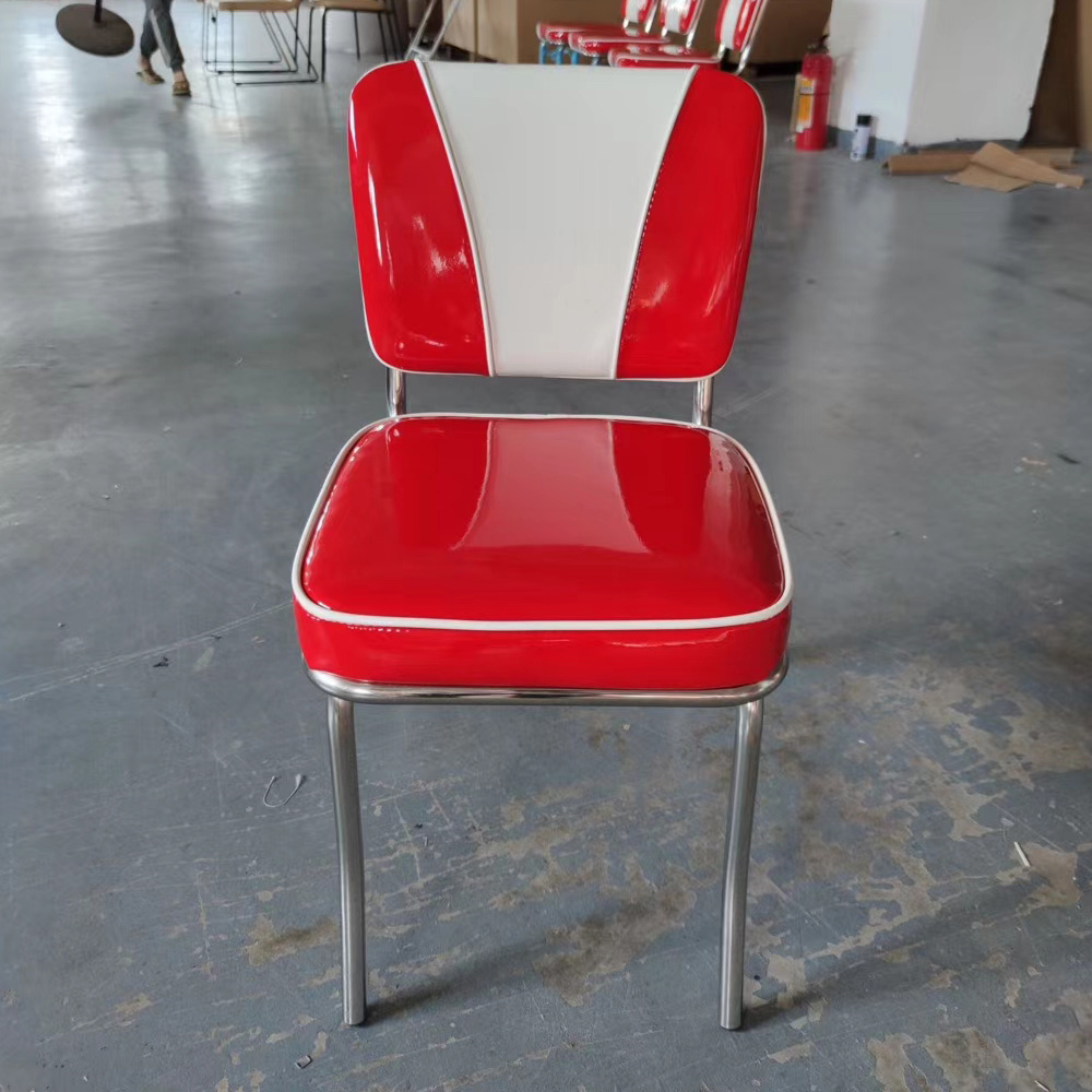 Wholesale V shape back red retro 1950s diner chairs, midcentury American style red and white color vinyl retro diner chairs