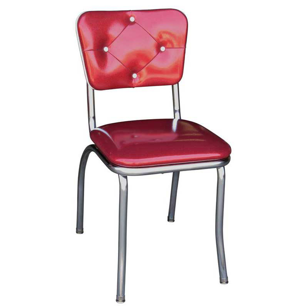 american 1950s retro diner chairs R-8340,Glossy red vinyl thin seat with 4 button backrest retro dining room chair, stainless steel american style 50's retro dining room chairs