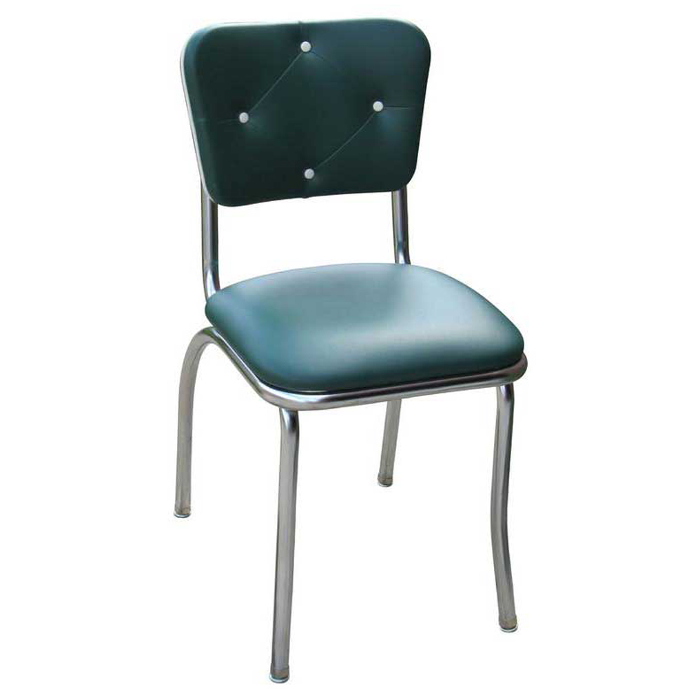 american 1950s retro diner chairs R-8344,Drak turquoise leather thin seat midcentury style retro kitchen chairs, steel frame with 4 button back retro 1950's kitchen chairs