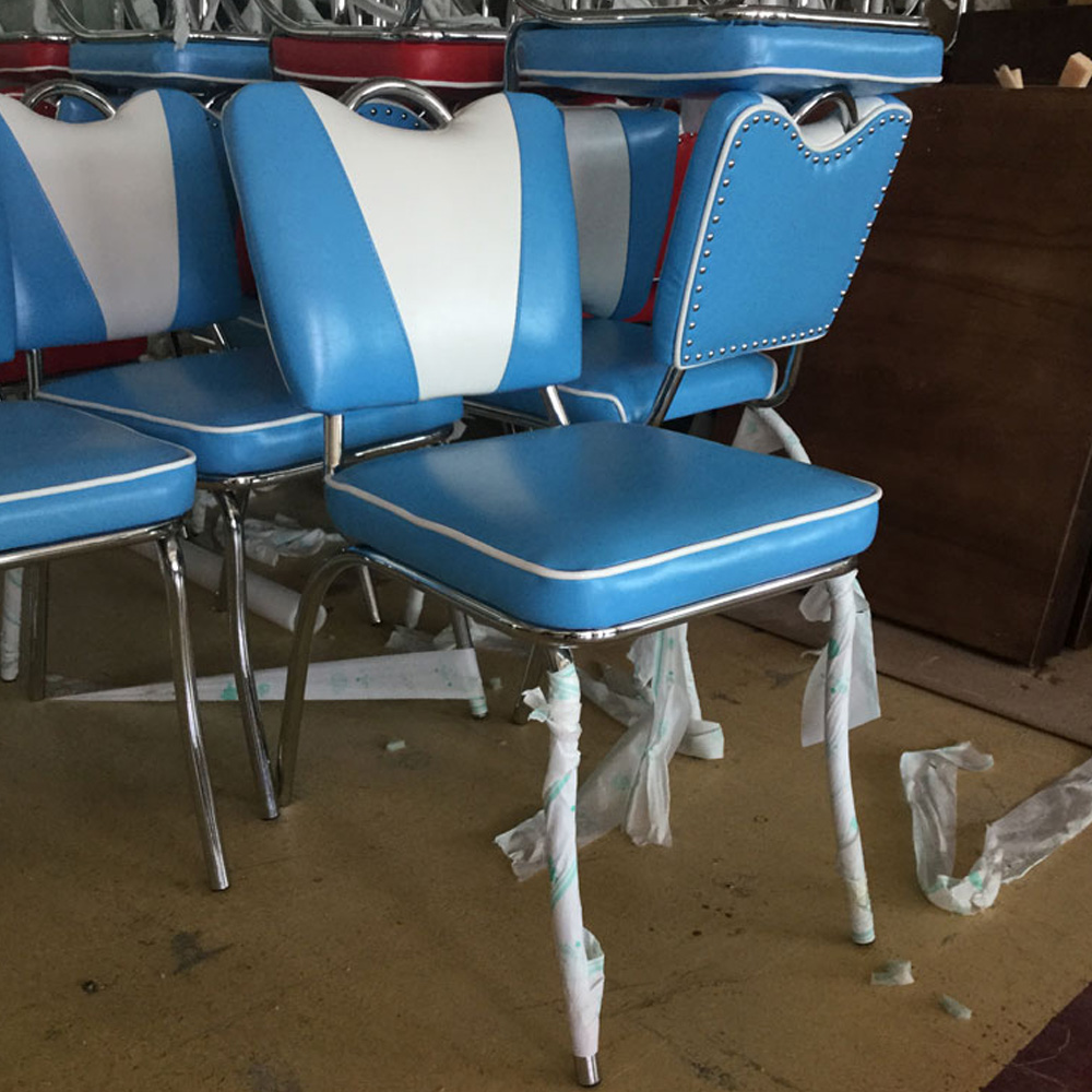 Gloss blue leather V back with handle 1950s retro restaurant chairs, steel frame with handle V back restaurant american retro 1950s chairs, American 1950s style retro diner chair furniture M-8366