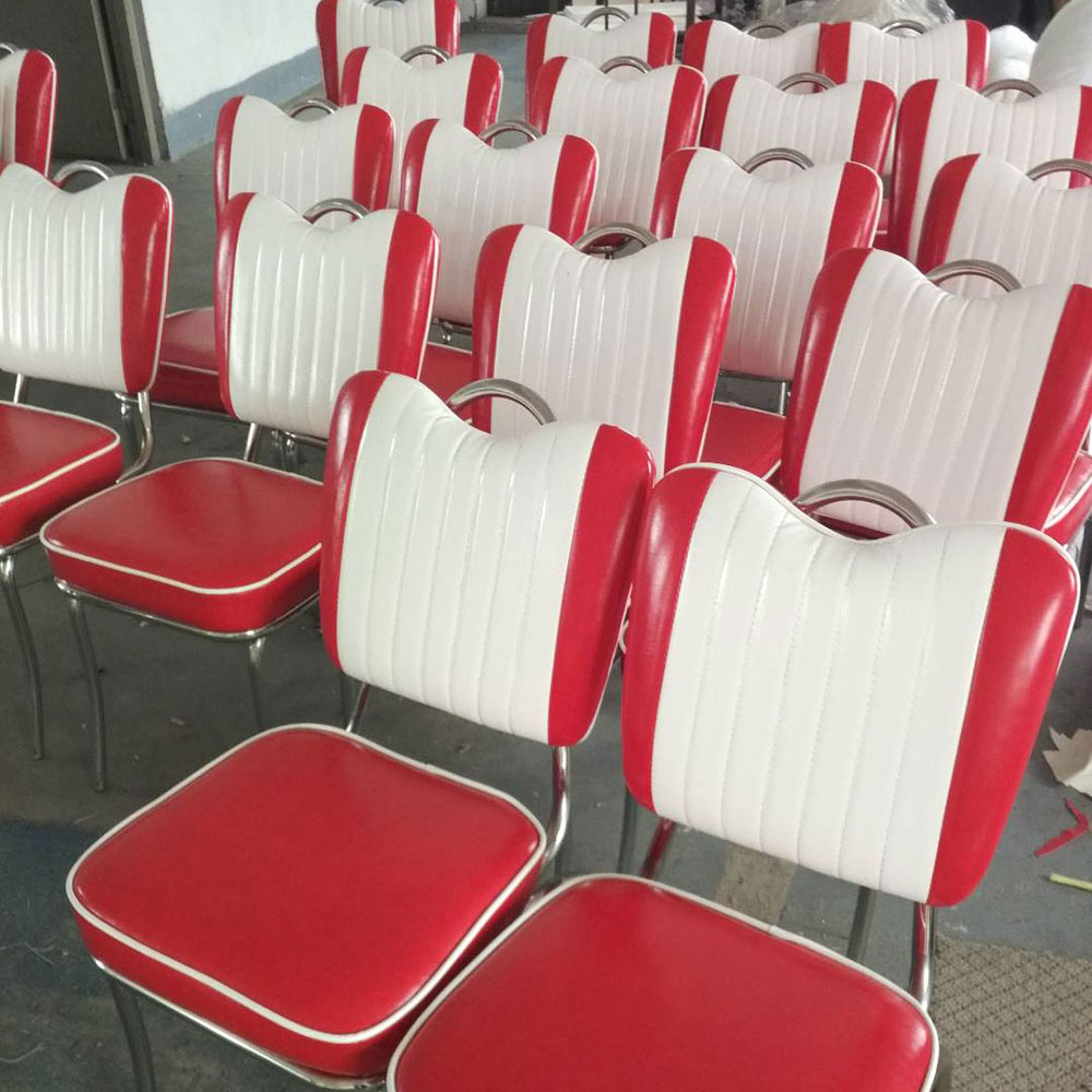 White stripe back and blue leather handle back american metal chairs, high quality with handle back american style 1950s retro metal chairs, American 1950s style retro diner chair furniture M-8358