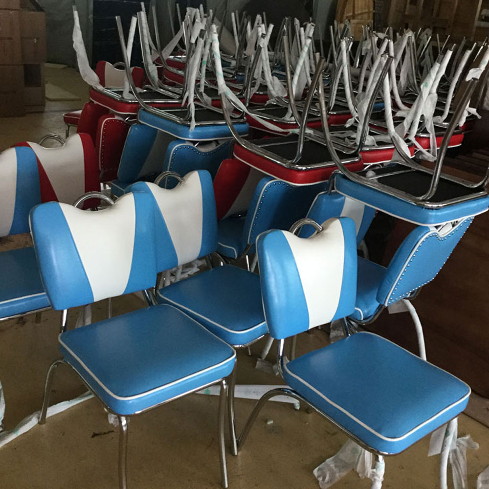 Customize american style 50s retre restaurant smooth with piping blue leather V back with handle retro diner chairs gallery