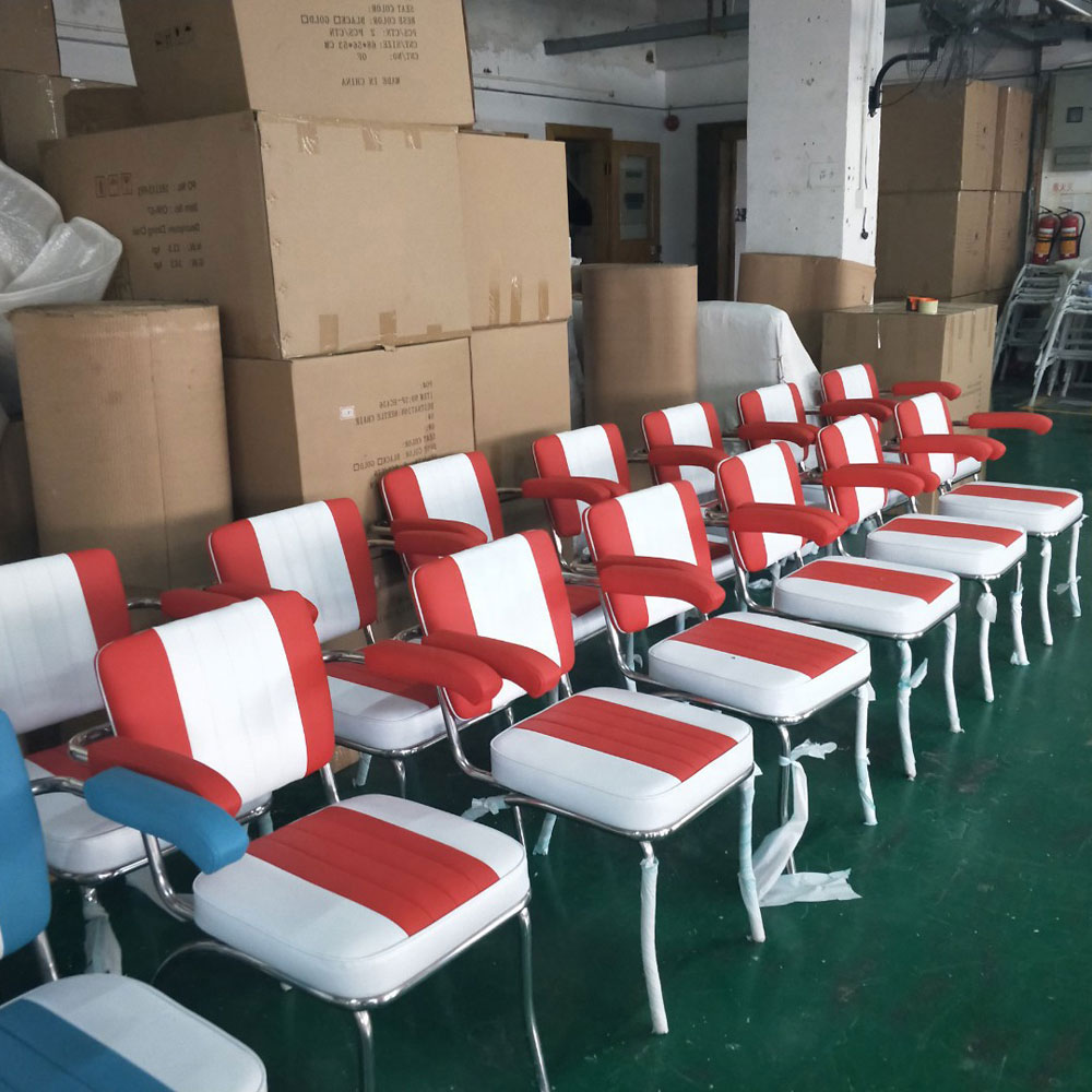 Wholesale turquoise PU leather with armrest chrome retro diner chairs, stripe back and seat 1950's armrest chrome diner chairs for sale, American 1950s style retro diner chair furniture M-8324