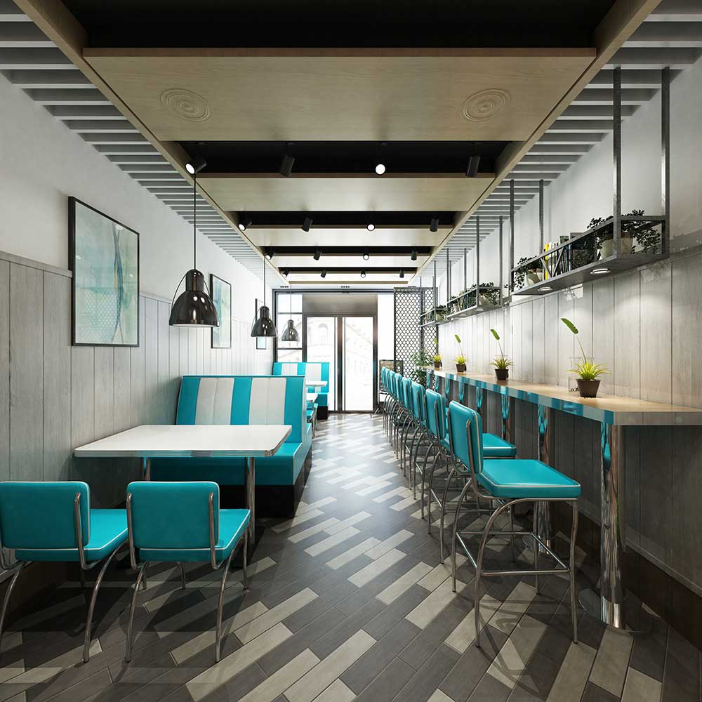 Stripe backrest turquoise leather midcentury 1950's retro restaurant booth sofas and table and chairs set, retro 50's restaurant table and booth sofas and chairs set, American 1950s retro diner table and booth seating set furniture R-8151