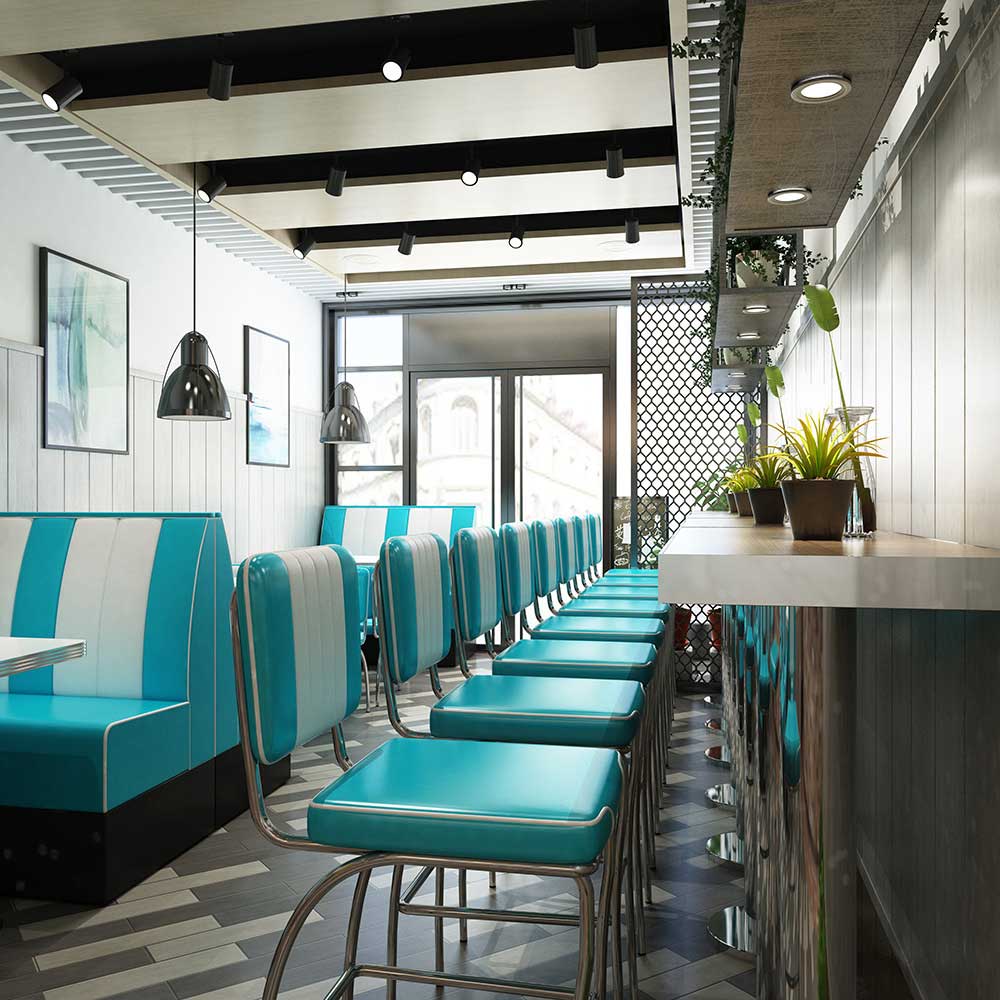 Turquoise leather midcentury retro restaurant booth sofas and table chairs set, retro diner high bar chairs and bar counter set gallery