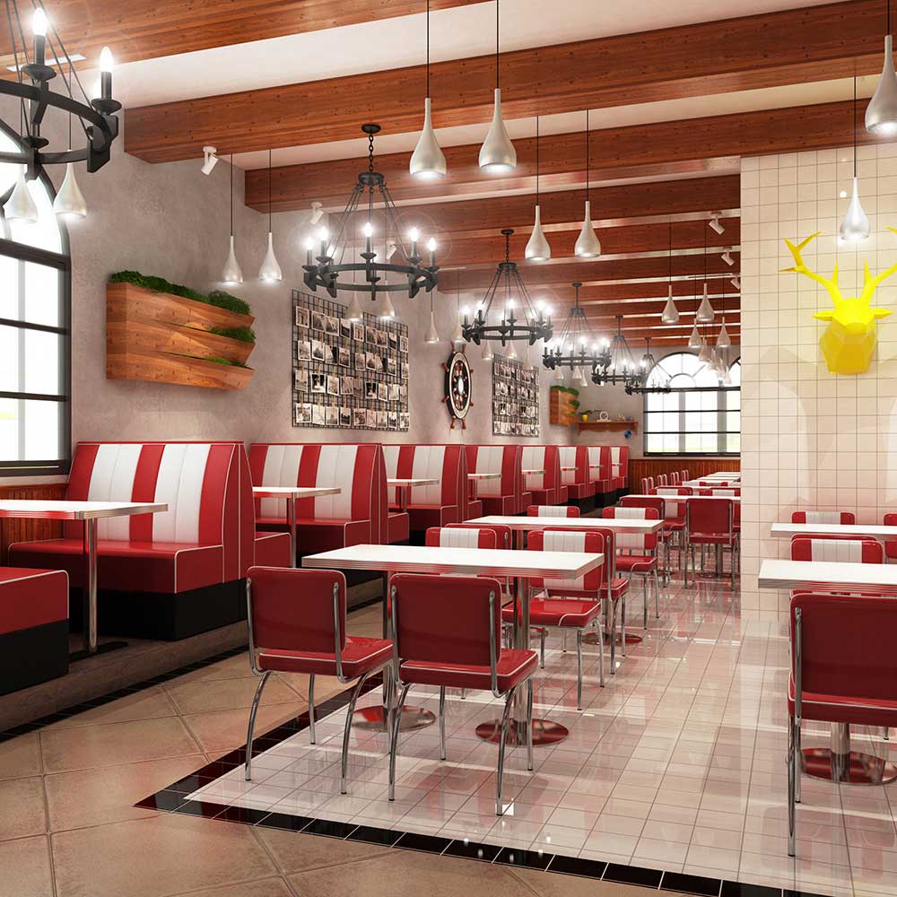 Red and white color midcentury american retro diner booth seating and table set, red american retro bar chairs and table set gallery