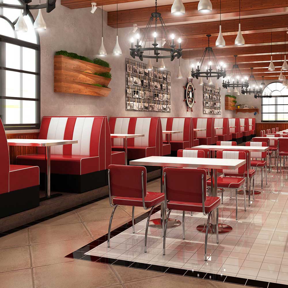 Red and white color midcentury american retro diner booth seating and table set, red american retro bar chairs and table set gallery