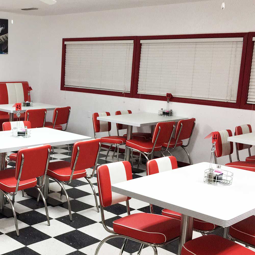 Stripe back 4 seater red and white american style 1950s retro diner chairs and rectangle retro diner table set furniture gallery