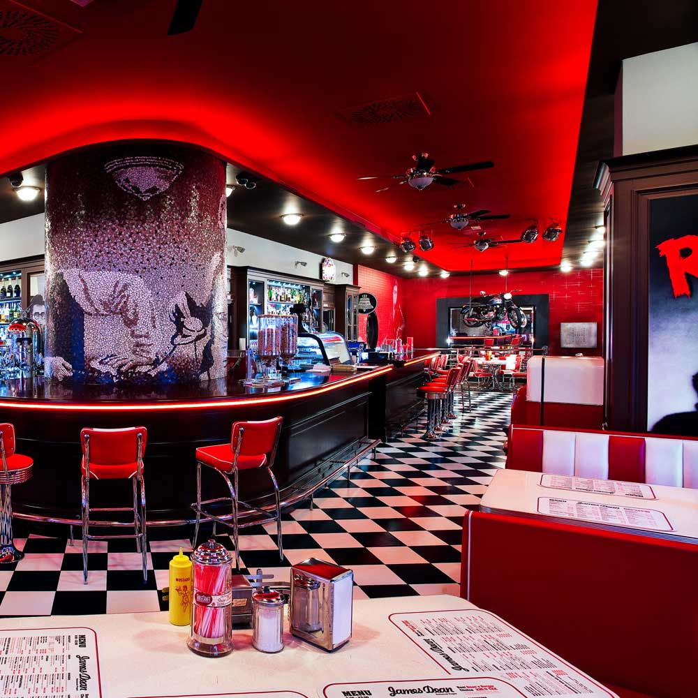 American 1950s style retro diner booth seating and table set, retro diner bar counter and bar chairs set