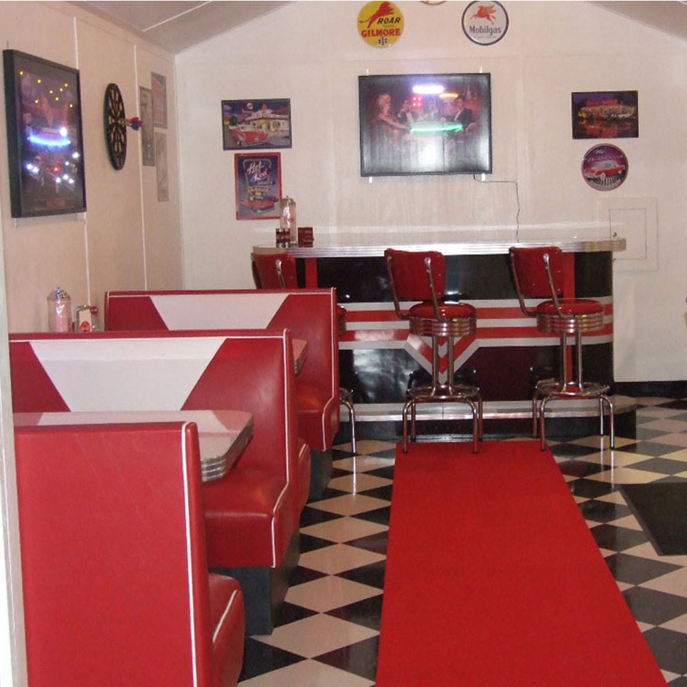 red and white V backrest american 50s diner booth couches and table set, back to back doubleside red 1950s american diner booth couches and table set furniture, American 1950s retro diner table and booth seating set furniture R-8149