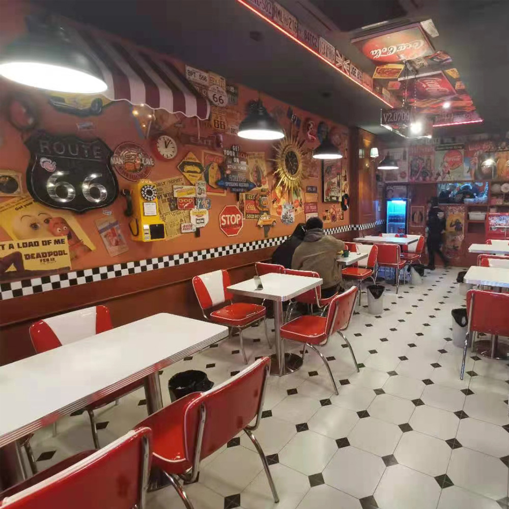 Classic red and white V shape 1950s diner chairs and table set, 4 seat V shape red 1950s diner chairs and table set gallery