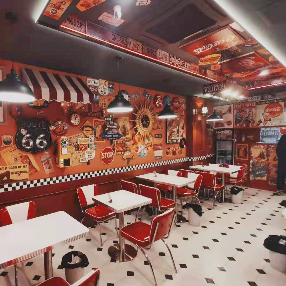 Classic red and white V shape 1950s diner chairs and table set, 4 seat V shape red 1950s diner chairs and table set gallery