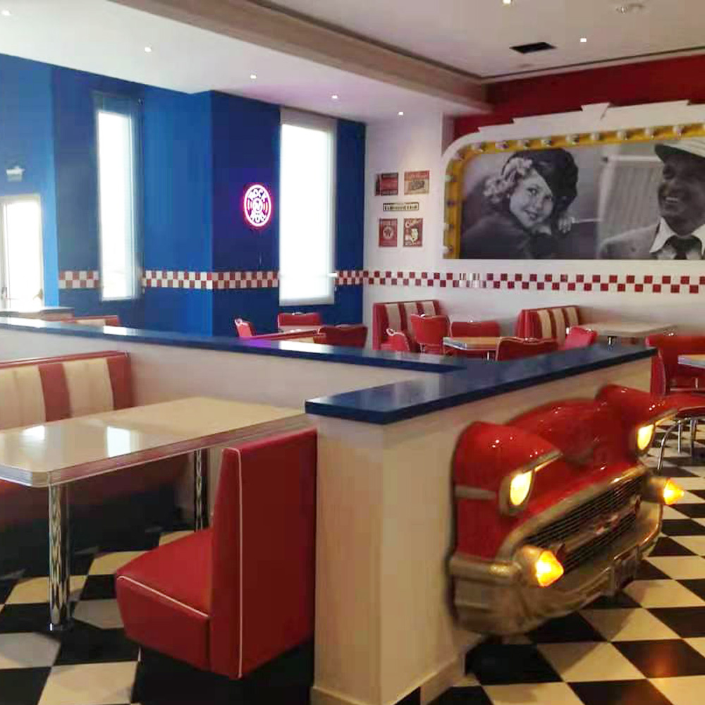 Customize red 1950s diner chairs and table, red and white 1950s diner booth and table set and 1950s retro diner car decor gallery
