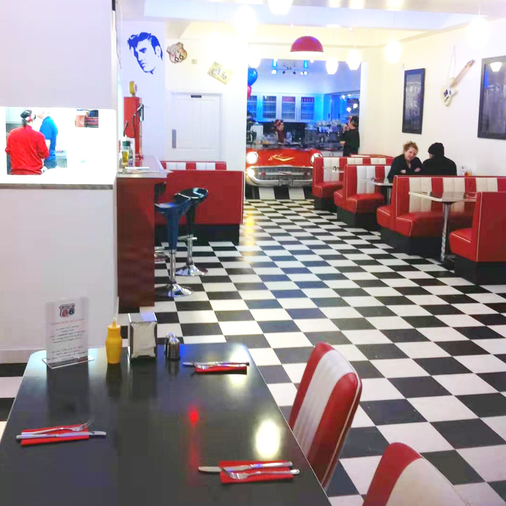 High quality red and white retro diner chairs and table set, black formica 1950s diner table and red 1950s diner chiars set gallery