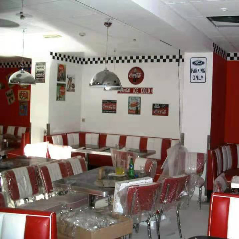Customize red corner 1950s diner booth seating and table set, 4 seat retro diner table and chairs set, 1950s diner pendant lights gallery