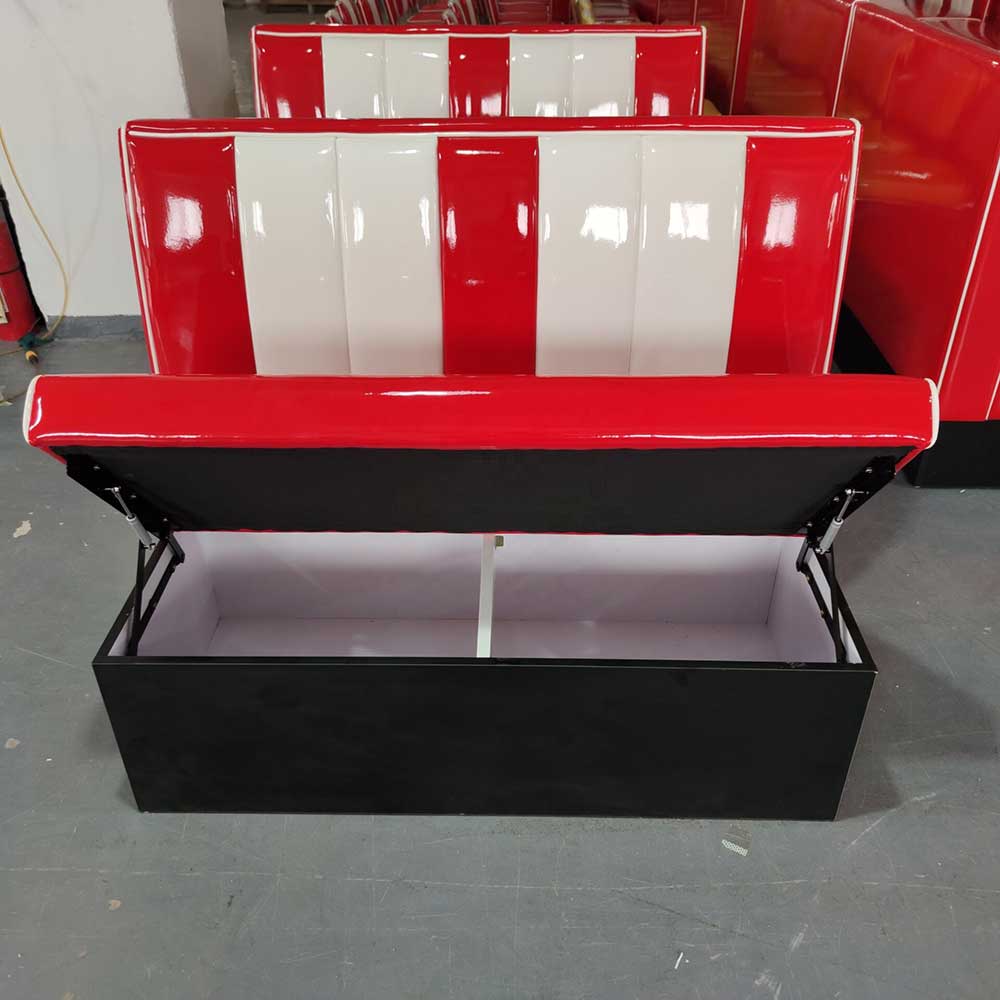 american 1950s retro diner booths R-8566,Glossy vinyl red and white color upholstered retro 1950s diner booth seating with storage bottom red 50s diner booth couches