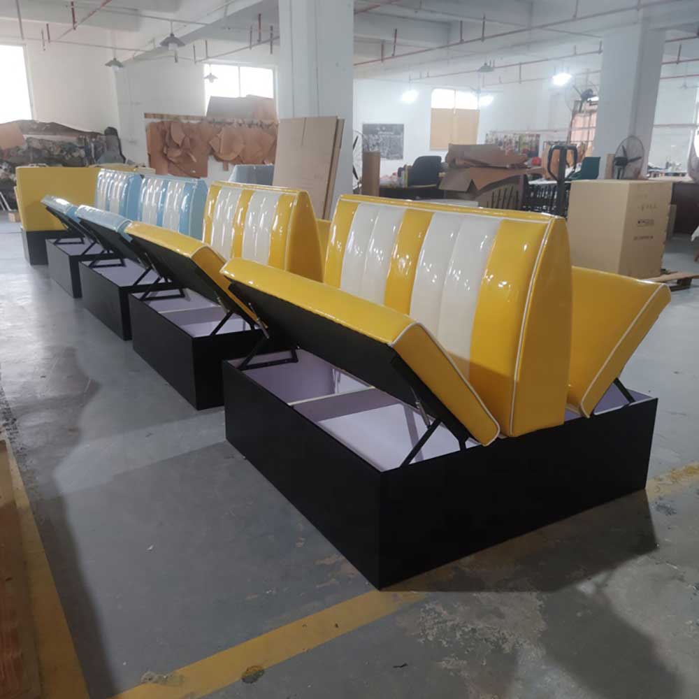 Customize yellow and white stripe style back storage bottom 1950s dinner booth seating restaurant retro storage part dinning booth, American 1950s style retro diner booth seating furniture M-8567