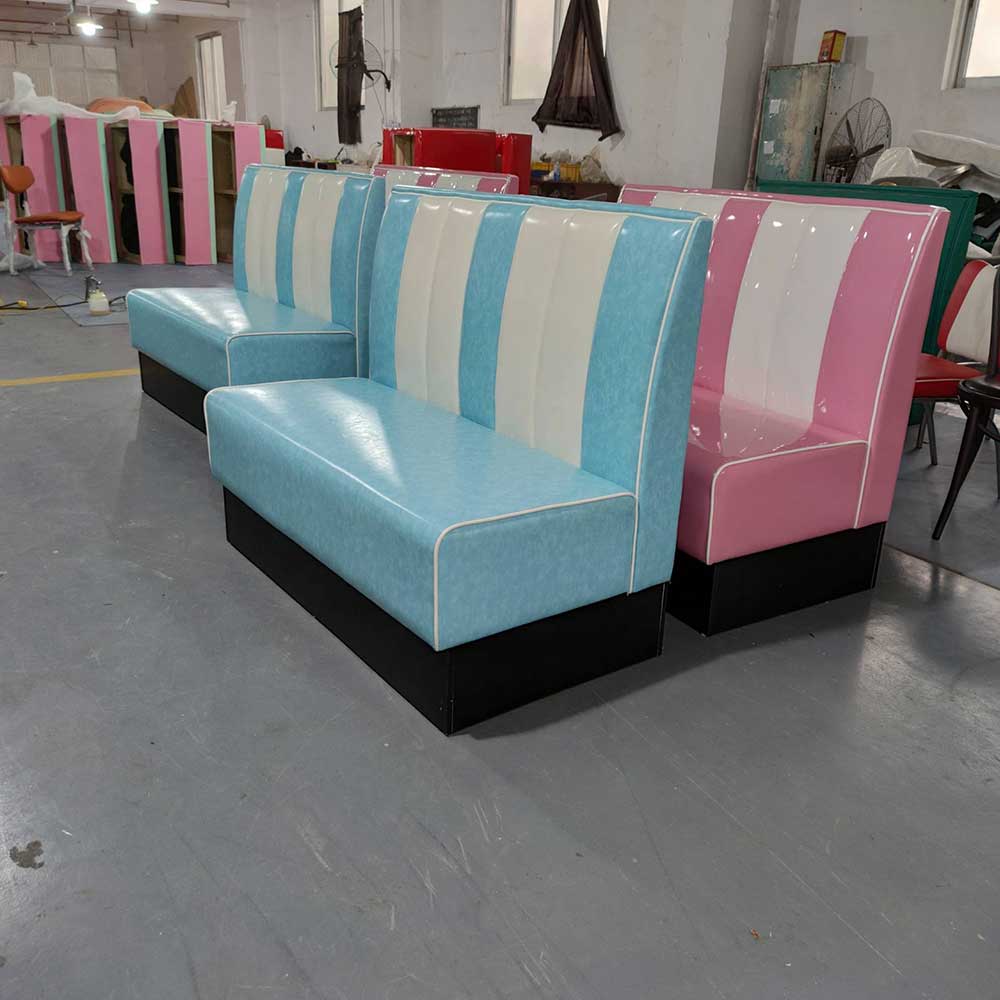 american 1950s retro diner booths R-8569,Hotsale American style turquoise leather 50s retro diner booth, stripe back with thick seat turquoise leather retro 50s booth couches