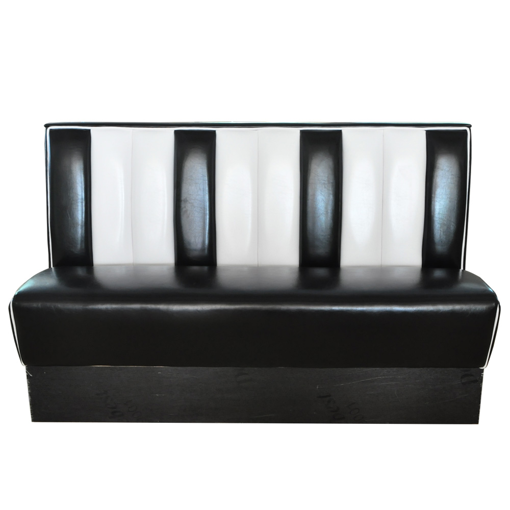 american 1950s retro diner booths R-8517,Black PVC leather midcentury fast food american 50s booth couches, 3 seater 59in length stirpe with piping american style 1950s booth couches