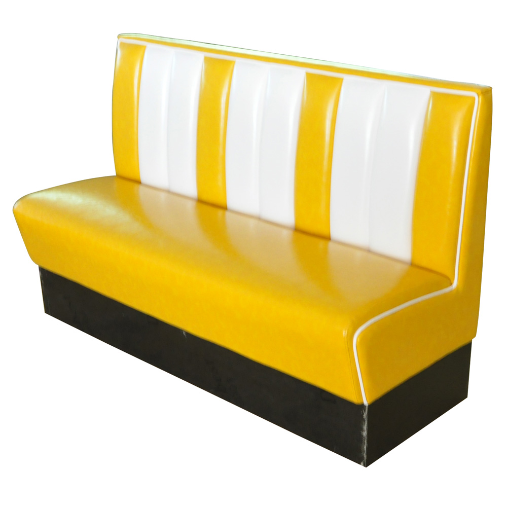 american 1950s retro diner booths R-8518,Long 3 seater yellow and white leather 50s retro dining room booths seating, with stripe backrest 1950s style retro dining booths furniture