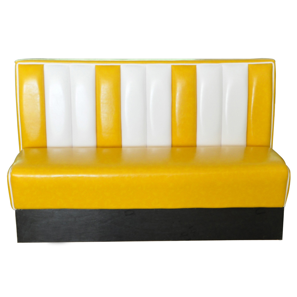Long 3 seater yellow and white leather 50s retro dining room booths seating, with stripe backrest 1950s style retro dining booths furniture, American 1950s style retro diner booth seating furniture M-8518