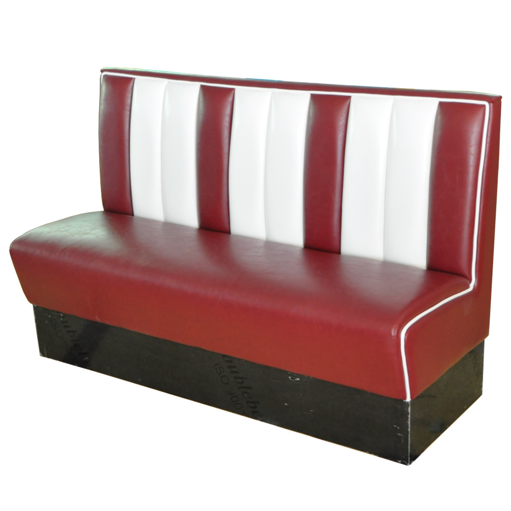 american 1950s retro diner booths R-8519,Rubby leather 59in length stripe back retro restaurant booth sofas, classic rubby and white colour midcentury retro restaurant booth seating