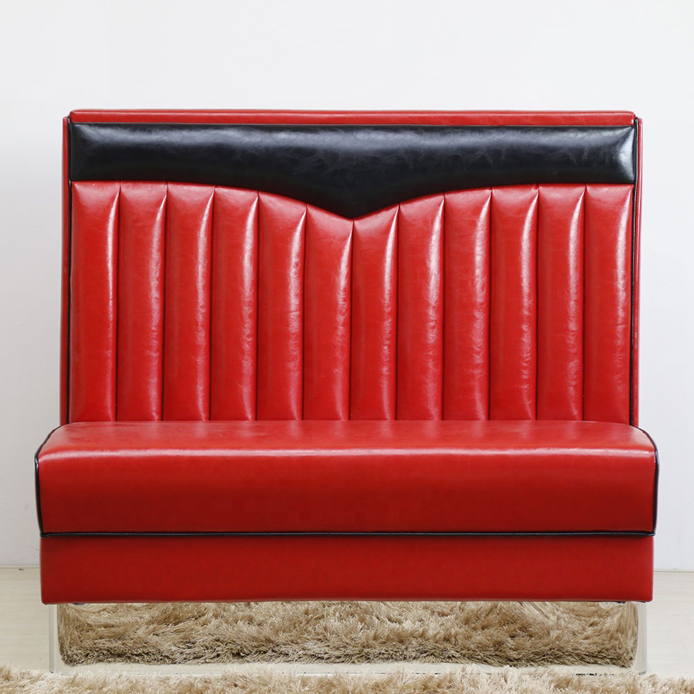 Gloss red leather wave top 1960s american café booth couches, with steel footer fast food room american style 1960s booth couches, American 1950s style retro diner booth seating furniture M-8530