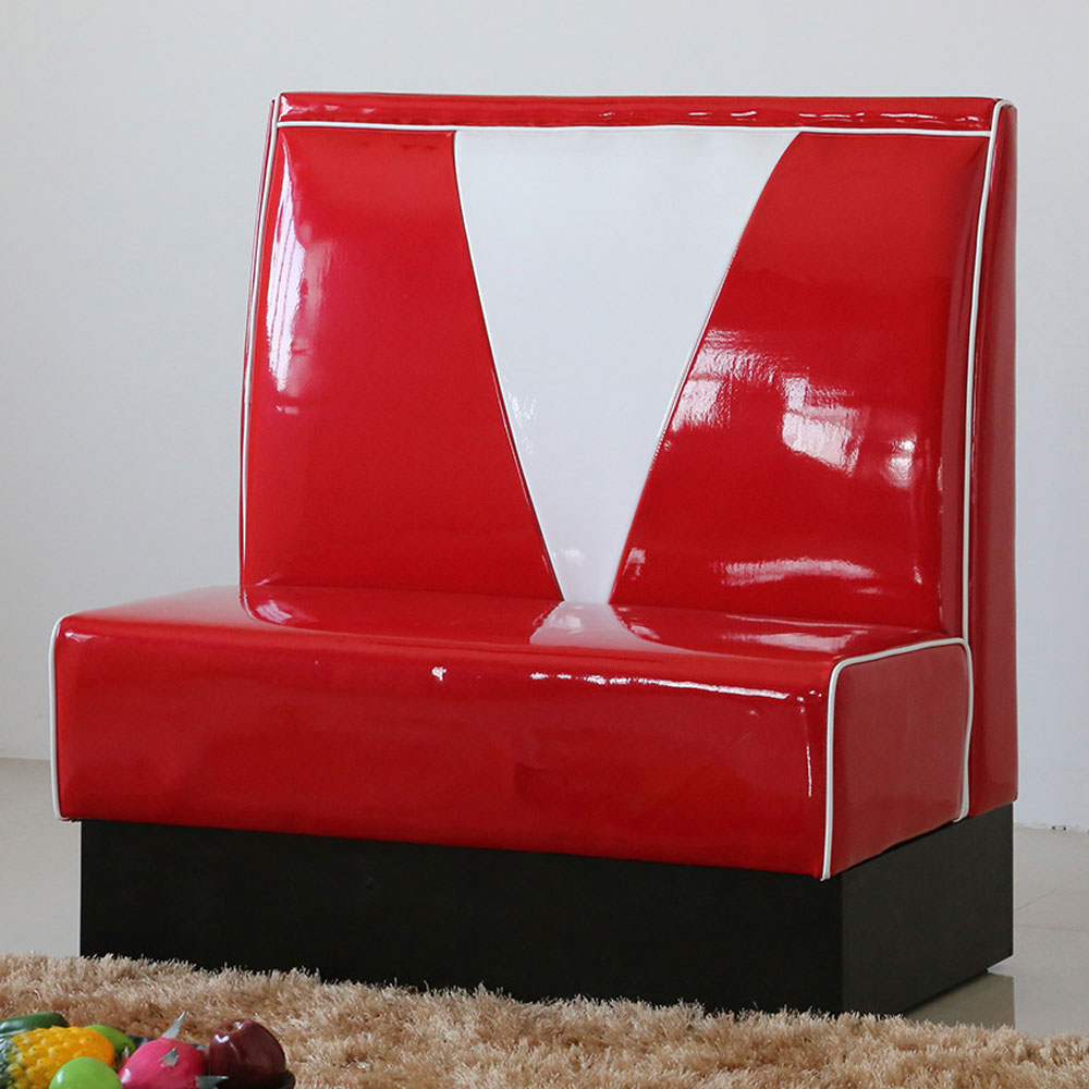 american 1950s retro diner booths R-8542,High backrest V back vintage retro fast food booth sofas, gloss red leather with black fireproof footer fast food room retro 50s booth sofas
