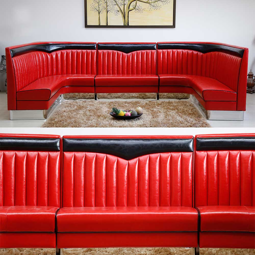Stripe back wave top red colour 1950's restaurant corner booth seating, wave top with stainless steel foot restaurant 1950's corner booths, American 1950s style retro diner booth seating furniture M-8556