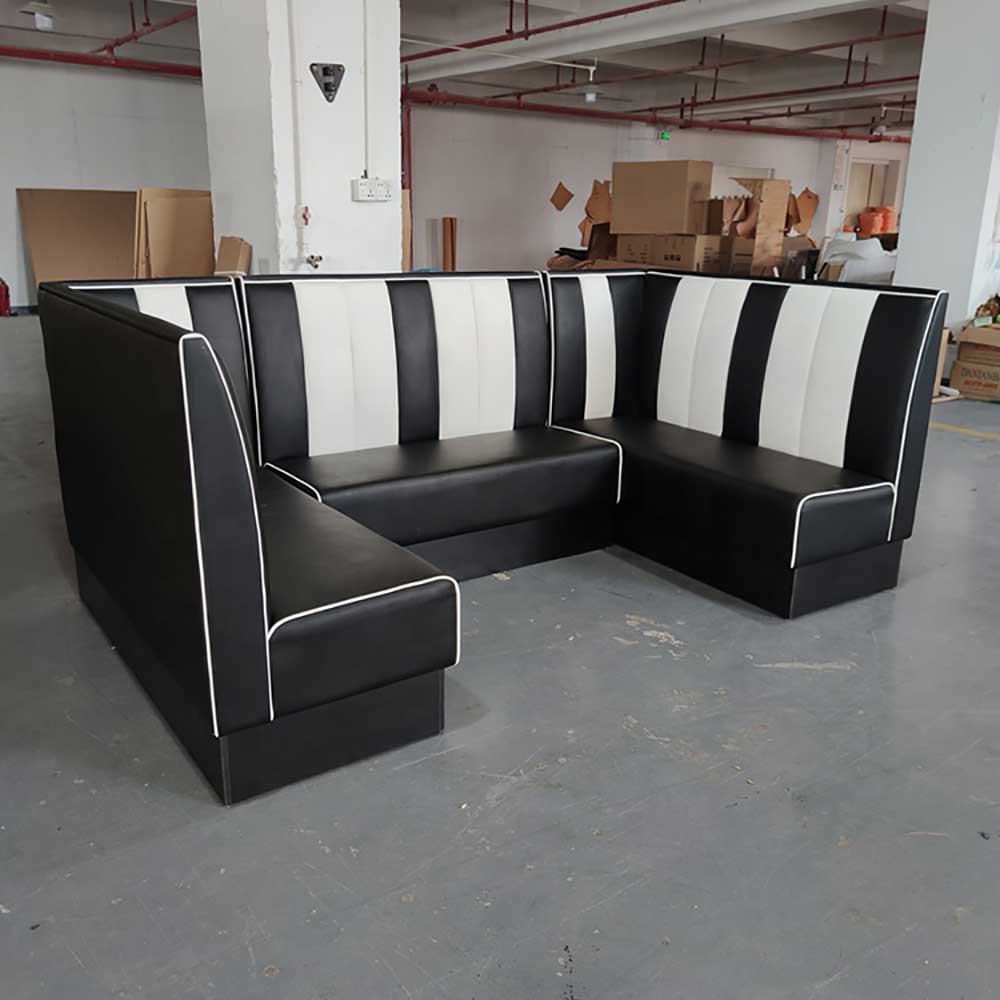 american 1950s retro diner booths R-8574,Square 3/4 shape black and white color 1950s diner booth seating, black and white 3/4 U shape retro diner booth couches